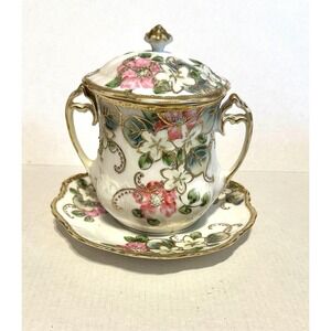 Nippon Condensed Milk  Porcelain 3 pc Jar Pink Flowers & Gold Trim